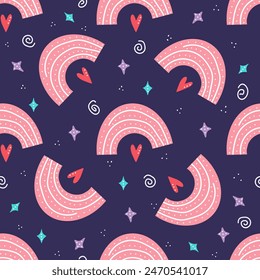 seamless pattern with pink arch, hearts and stars on dark blue background in simple scandinavian style