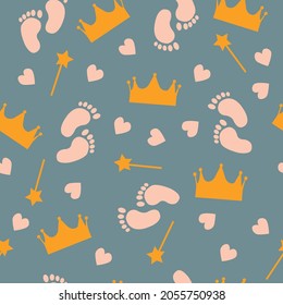 Seamless pattern of pink baby feet, princess crown and magic wand. Cute nursery childish texture. Great for fabric, textile Vector Illustration