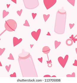 A seamless pattern of pink baby related items.