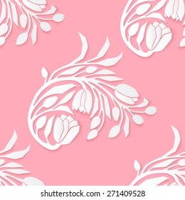 Seamless pattern, pink background with stylized tulip flowers. 3D elements with shadows and highlights. Paper cut vector element. 