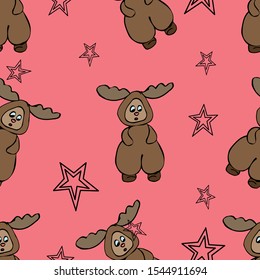 Seamless pattern with pink background, teddy deer with stars. Vector illustration. Great for fabric, wallpaper, design.