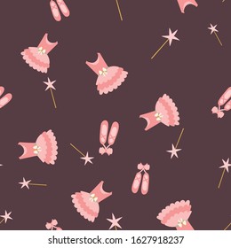Seamless pattern of pink ballerina tutu dresses and magic wands on a bordeaux background.