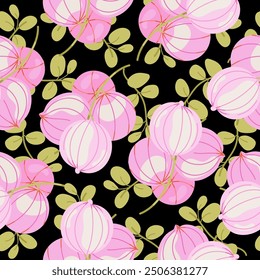 Patrón sin fisuras de ballonrebe rosa con hojas verdes sobre un fondo negro. Diseño floral inspirado en la Naturaleza para la impresión, tela, mantel, papel de embalaje, Fondo de pantalla, textil, cubierta, tarjeta