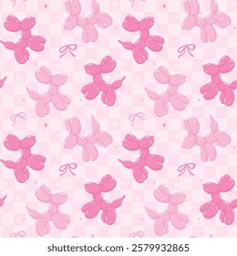 Seamless Pattern Pink Balloon Dogs with bow in Vibrant Pastel on checkered pattern isolated