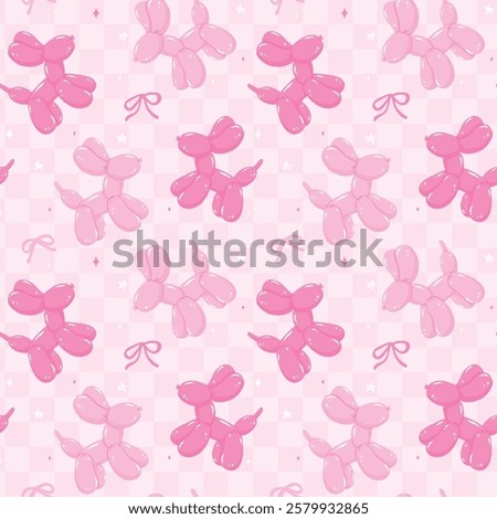 Seamless Pattern Pink Balloon Dogs with bow in Vibrant Pastel on checkered pattern isolated