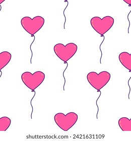 Seamless pattern with pink balloon in the shape of heart. Happy Valentines Day. Declaration of love and feelings, February 14th. On white background vector doodle hand drawn print or wrapping