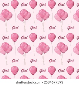 Seamless pattern pink balloons for Gender reveal party, e.vent decoration, greetings, anvitations, baby shower, holiday, birthday. Helium ballon gift. Cartoon stile. Vector illustration