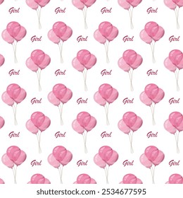 Seamless pattern pink balloons for Gender reveal party, event decoration, greetings, anvitations, baby shower, holiday, birthday. Helium ballon gift. Cartoon stile. Vector illustration.