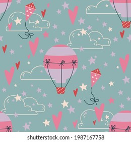 Seamless pattern with pink balloons and a kite on a dark background. Vector pattern for children in boho style. Beautiful flat art baby texture cute