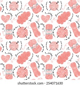 Seamless pattern with pink balls of yarn for knitting