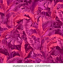 Seamless pattern with pink banana leaves. Vector.