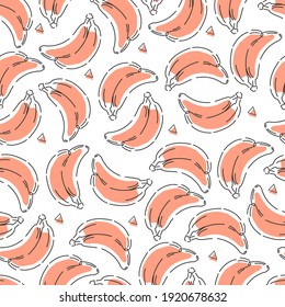 Seamless pattern of pink bananas and triangles. Stylish vector background.