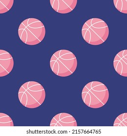 Seamless pattern of pink basketball ball on blue. Game, team sports. Popular sport basket balls leather. Fitness, healthy, workout background. Hand drawn cartoon flat vector illustration. 