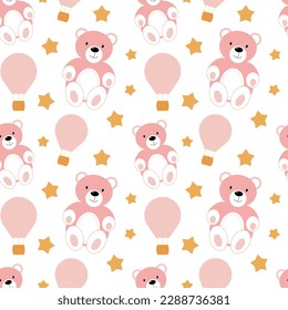 Seamless pattern with pink bear and ballon. Vector