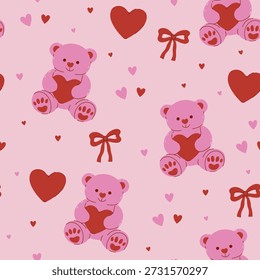 Patrón sin fisuras con osos rosados y corazones. Gráficos de Vector.