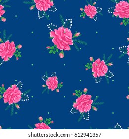 Seamless pattern with pink beautiful roses and leaves on a blue background.Summer Vector illustration in the style of shabby chic.Print for book covers,textile,fabric,wrapping paper,scrapbooking.