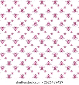 Seamless Pattern of Pink Bees and Ants on White Background