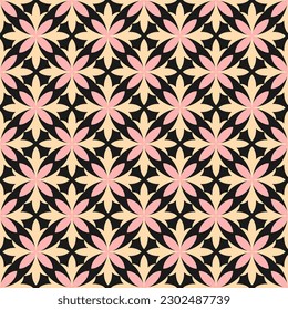 Seamless pattern with pink and beige abstract flowers and black background