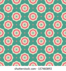 seamless pattern with pink and beige flowers on a green background. vector illustration 