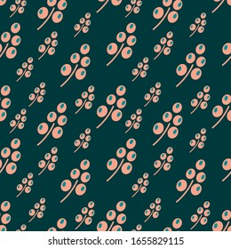 Patrón sin problemas. Bayas rosas sobre fondo oscuro. Textura botánica para textiles, papel y más. Estilo vectorial plano.