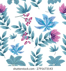 Seamless pattern with pink berries and tropical leaves. Botany vector background, jungle wallpaper.