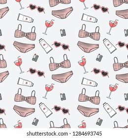 Seamless pattern,  pink bikini and accessories  in summer holiday 