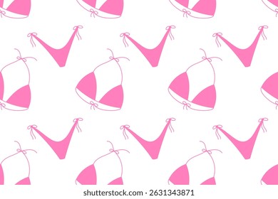 Nahtloses Muster aus rosa Bikinis in einem verspielten, modernen Stil. Ideal für Sommerdesigns, Stoffdrucke und Badebekleidungsprojekte.

