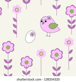 Seamless pattern with a pink bird