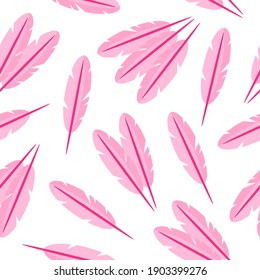 Seamless pattern of pink bird feathers for the wedding or Valentine's Day. Cartoon vector isolated design for wallpaper, wrapping paper, textile, etc.