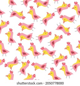 Seamless pattern with pink birds, Cute bird hand-drawn in doodle style. Pattern for packaging. fabric, wallpaper