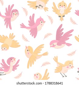 Seamless pattern with pink birds and feathers. Vector illustration.