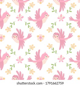 Patrón sin foco con pájaros rosados y flores. Ilustración vectorial.