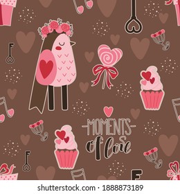 Seamless pattern with pink birds, flowers, keys, lollipops and cupcakes for valentine's day. Vector illustration in cute cartoon flat style for printing onto fabric, printing, wallpaper, wrapping