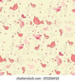 Seamless pattern with pink birds and hearts.