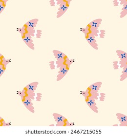 Seamless pattern with pink birds on pastel yellow background. Modern folk themed background. Vector illustration 