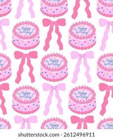 Seamless pattern with pink birthday cakes and cute bows. Vector flat holiday background