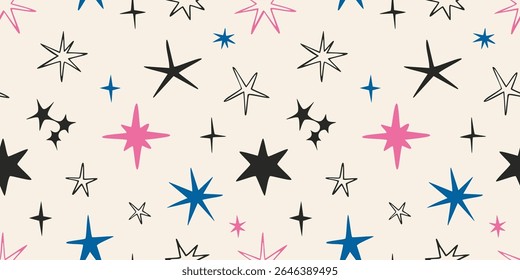 Seamless pattern with pink, black and blue scribble stars. Cheerful and trendy design for wrapping paper and festive projects. Abstract modern vector illustration on light background, hand drawn