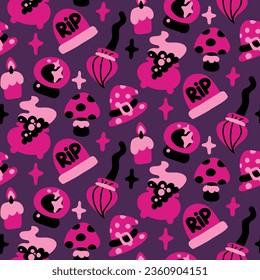 Seamless pattern in pink and black colors for Halloween. Witch, hat, broom, glass ball, fly agaric, marble slab, candle on purple background vector illustration in cartoon style. packaging, party