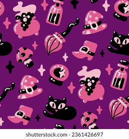 Patrón sin foco en colores rosa y negro para Halloween. Bruja, sombrero, escoba, bota, gato, bola de vidrio, veneno sobre la ilustración del vector de fondo púrpura en estilo de dibujos animados. Embalaje de vacaciones, textura de fiesta