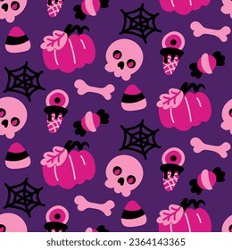 Seamless pattern in pink, black colors for Halloween. Pumpkin, candy with an eye, sweets, skull, spider web, bones on a purple background vector illustration in cartoon style. packaging, party