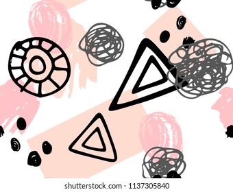 Seamless pattern with pink and black elements on white background Scandinavian wallpaper pattern. Simple minimalistic geometric pattern with brush stroke. Hand drawn brush stroke seamless pattern for