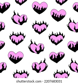 Patrón sin foco con corazones flameados rosados y negros. Fondo vectorial en los años 90, 00, y2k