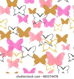 Seamless pattern with pink, black and glittering golden butterflies. Romantic celebration vector background. 