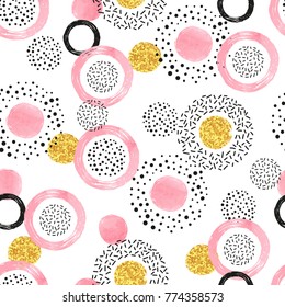 Seamless pattern with pink, black and golden circles and dots. Vector abstract background with round shapes.