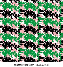 Seamless pattern with pink, black and green elements on white background