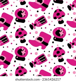 Seamless pattern in pink and black for Halloween. Witch, shoe, glass ball, poison, fly agaric on a white background vector illustration in cartoon style. Festive packaging, party texture, textiles