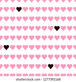 The seamless pattern with pink and black hearts in a row on white background. Vector.