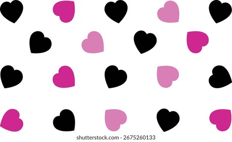  Padrão contínuo de corações rosa e pretos no fundo branco, Romântico Love Design