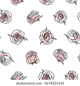 Nahtloses Muster mit rosa und schwarzen Umrissrosen auf weißem Hintergrund. Elegantes Blumendesign.