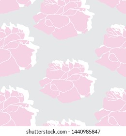 Seamless pattern of pink blooming detailed roses. Rose flower hand drawn illustration with grey background. Line-art flower digital drawing. Template greeting card, wedding invitation, banner. Vector